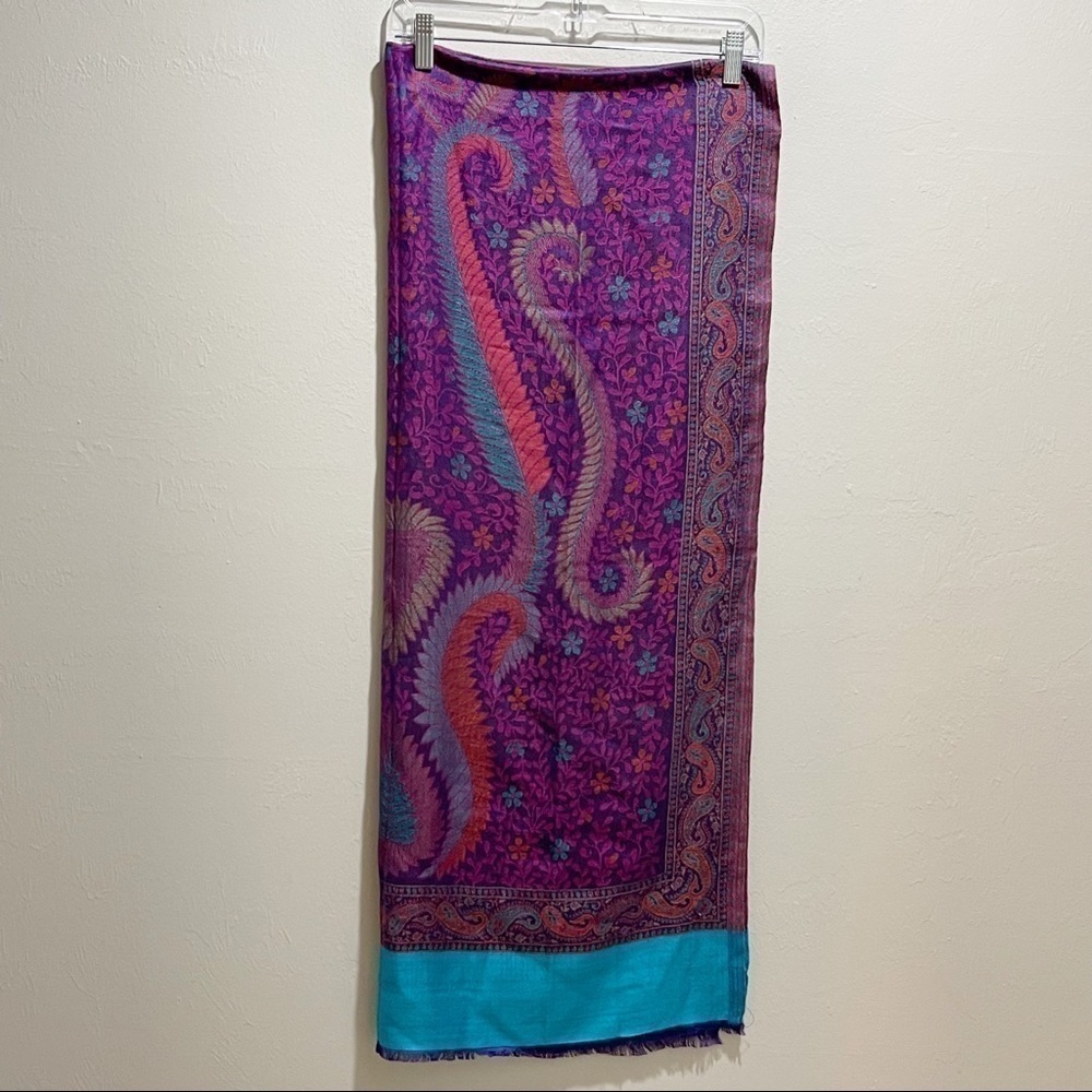 TANJORE Women’s Ethnic Purple Turquoise Pink Woven Paisley Silk Scarf 30” X 76”